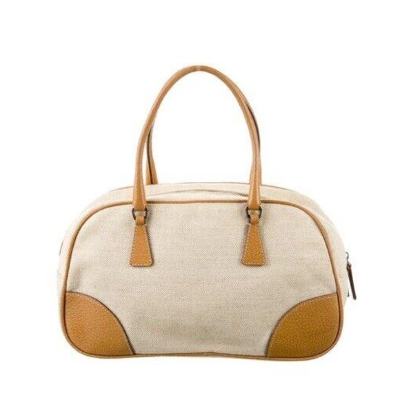 Prada Cinghiale Trimmed Beige Canapa Bowler Bag Camel Leather Handles - Picture 2 of 7